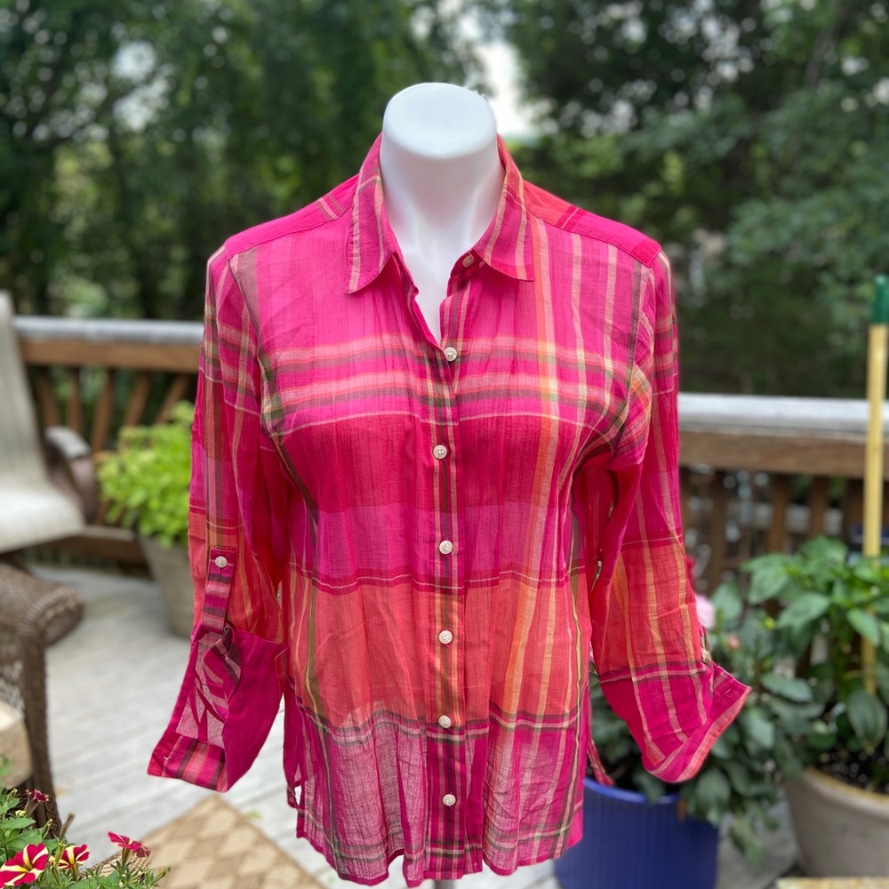 MP LIZ CLAIBORNE PETITE SHEER COTTON MADRAS BLOUSE